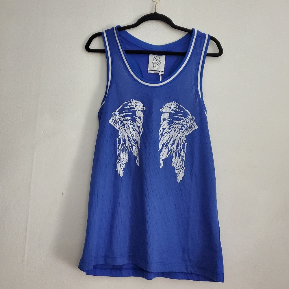Zoe Karssen Blue Tank Top Native American Headdress Print